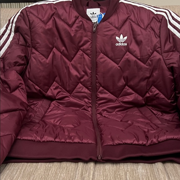 Adidas Burgundy Quilted Jacket with White Accents - Picture 6 of 7